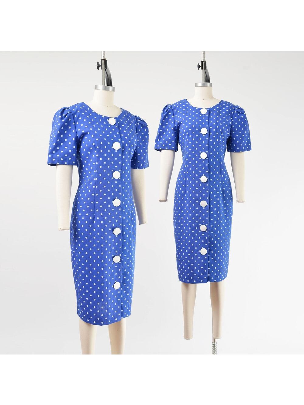 Vintage 80s Blue Polka Dot Puff Sleeve Retro Button Front Midi Sheath Dress M
